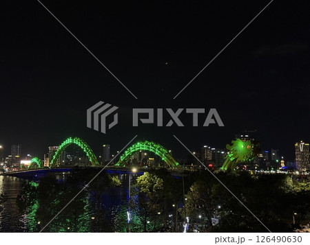 Da Nang, Vietnam Illuminated Dragon bridge over Han river at Da Nang, Vietnam. 126490630
