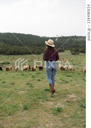 A woman wearing a straw hat walks through a field of sheep 126490814