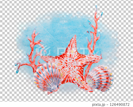 Watercolor illustration of a red starfish with seashells and coral branches on a blue textured background, ideal for summer postcards, marine-themed designs, and ocean-related projects. 126490872