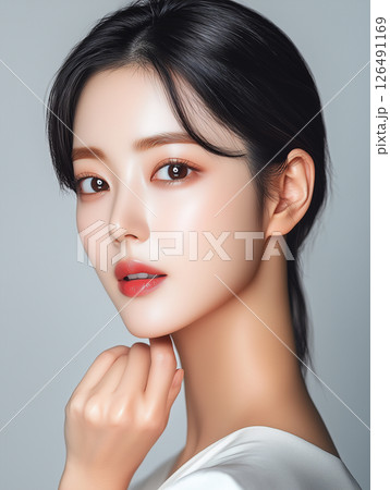 Skincare routine highlighting youthful beauty of a Korean woman with glowing skin 126491169
