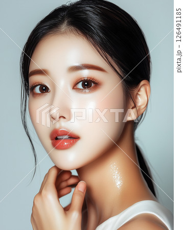 Korean woman showcasing radiant skincare glow with flawless complexion in minimalistic portrait Korean woman showcasing radiant skincare glow with flawless complexion in minimalistic portrait 126491185