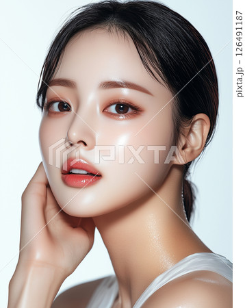 Korean skincare model showcasing radiant skin and beauty in a soft light setting 126491187