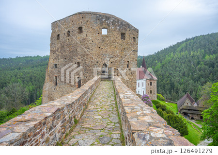 Visitors walk along the stone bridge of Velhartice Castle, enjoying views of the surrounding forest and historic architecture during a cloudy day in Czechia. 126491279