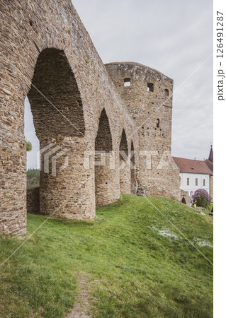 The Gothic Bridge of Velhartice Castle stands majestically, showcasing its arched stone design amidst lush greenery in Czechia, inviting visitors to explore its historical significance. 126491287