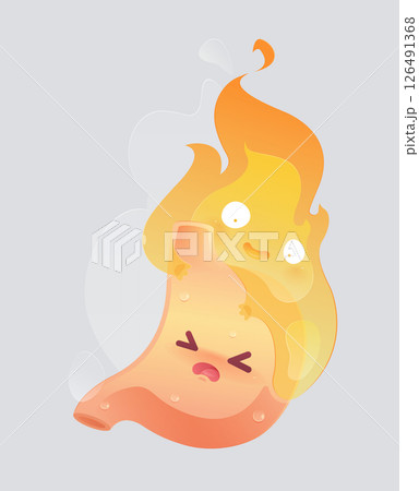 A cartoon stomach character with a fire character on it is used to show the symptom of acid reflux. 126491368