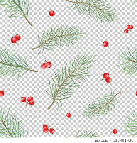 Delicate fir branches and red berries watercolor seamless pattern isolated background. Christmas ornate for festive wrapping paper, textile designs, holiday decorations, cozy home decor 126491436