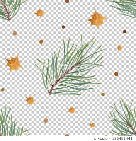 Pine branches, golden stars and confetti seamless watercolor pattern isolated background. Christmas forest ornate for festive wrapping paper, holiday textiles, and winter designs 126491441