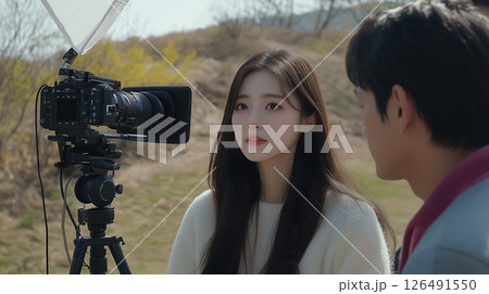 Beautiful Korean woman engaged in a photography session outdoors with a male photographer on a sunny day 126491550