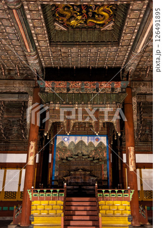 Throne room of Deoksugung royal palace of Joseon dynasty in Seoul South Korea at night Throne room of Deoksugung royal palace of Joseon dynasty in Seoul South Korea at night 126491895