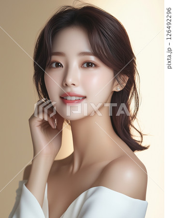 Korean woman with radiant skin showcasing natural beauty and skincare routine indoors 126492296
