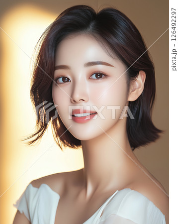 Korean woman showcasing radiant skin with a simple hairstyle in soft lighting Korean woman showcasing radiant skin with a simple hairstyle in soft lighting 126492297