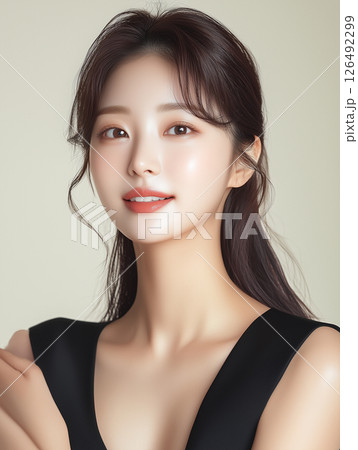 Korean skincare model showcasing glowing complexion and beauty trends in studio setting 126492299