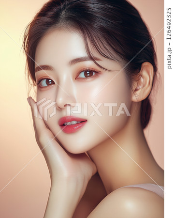Korean beauty showcasing flawless skin and skincare routine tips during a well-lit indoor session 126492325
