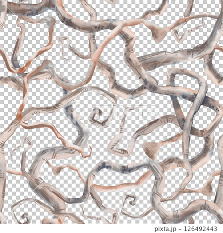 Seamless watercolor background with intertwined tree roots on a white background. Watercolor pattern. The texture of the roots intertwined in abstract patterns. A mystical template for Halloween or 126492443