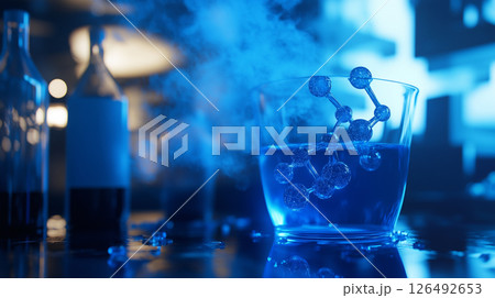 Model of a protein complex in a laboratory setting with blue illumination and experimental materials 126492653