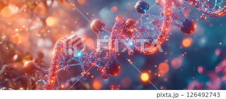 Detailed molecular structure representation of a gene highlighting intricate connections and vibrant colors 126492743