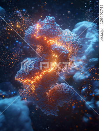 Model of synthetic protein glowing in a dark environment showcasing intricate structure and vibrant colors 126492745