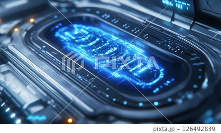 Gene editing device displays glowing DNA structure in futuristic laboratory environment during advanced research session 126492839