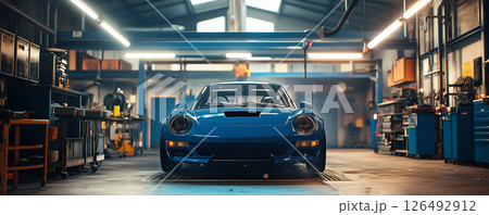 Blue performance car being serviced mid lift in a modern repair garage during daylight hours 126492912