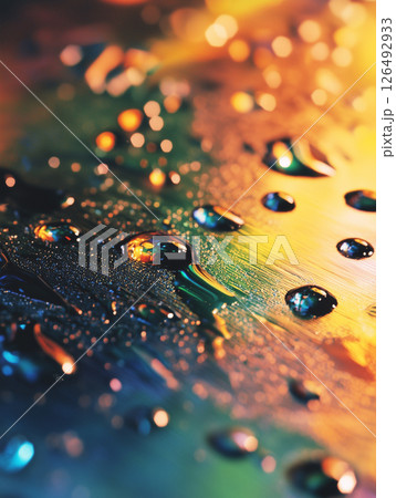 Close up of colorful water beads rolling down a smooth surface, reflecting light in an artistic arrangement 126492933