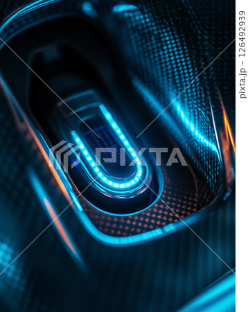 Electric car charging port close up showing illuminated charging indicator against a textured black background in a modern setting 126492939