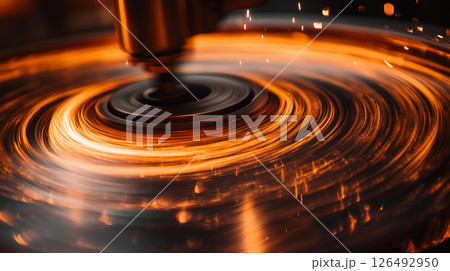 Dynamic view of a spinning wheel creating sparks in a workshop environment during late afternoon hours 126492950