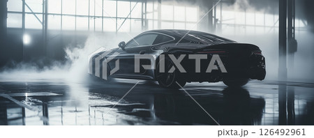 Glossy black car drives through dry ice fog in an industrial space at night with dramatic lighting 126492961