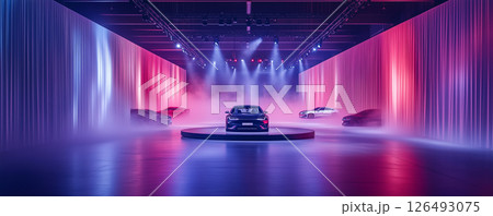 Rotating platforms showcase modern vehicles in a vibrant modular showroom with dynamic lighting Rotating platforms showcase modern vehicles in a vibrant modular showroom with dynamic lighting 126493075
