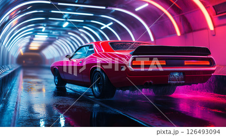 Red muscle car gets a wash in vibrant dark tunnel with neon lights and water spray 126493094