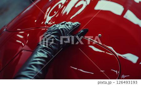 Detailing professional polishing a classic cars vibrant red surface inside a garage environment during daylight hours 126493193