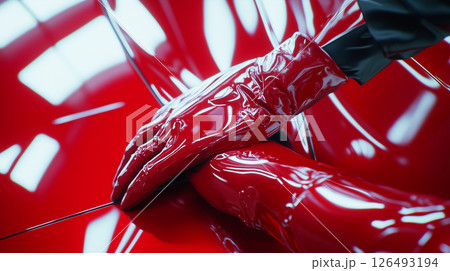 Detailing professional applying finishing touches to glossy red car surface in a well lit workshop environment 126493194