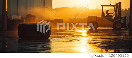 Morning delivery of new tires at a warehouse with a forklift in soft sunlight 126493196