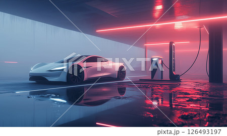 Future electric vehicle charging at a modern station with neon lights in a sleek, urban environment during twilight hours 126493197