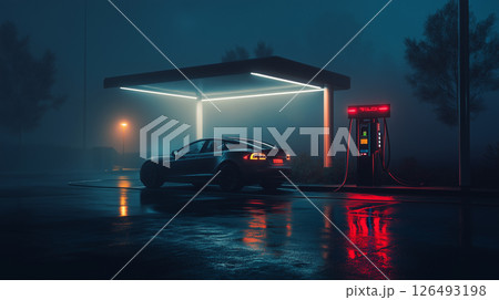 Futuristic car charging station in a misty urban environment at night with bright neon lights and reflections on wet pavement 126493198