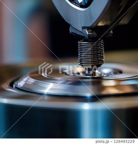 Close up view of wheel balancing weight being attached on a precision balancing machine in an automotive workshop 126493229