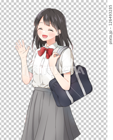 Illustration of a female student in summer clothes waving and smiling Illustration of a female student in summer clothes waving and smiling 126493285
