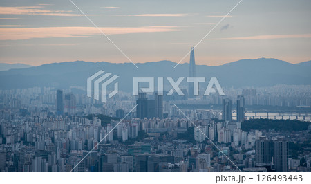 Lotte World Tower skyscraper and urban sprawl cityscape of Seoul, capital of South Korea Lotte World Tower skyscraper and urban sprawl cityscape of Seoul, capital of South Korea 126493443