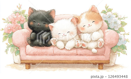 Three friendly cats sleeping on the sofa 126493448