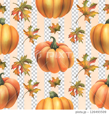 Orange autumn pumpkins with maple leaves. Watercolor illustration, hand drawn. Seamless pattern on a white striped background Thanksgiving, Harvest, Halloween 126493509