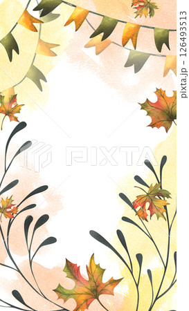Orange autumn maple leaves, flags garland and twigs. Watercolor illustration, hand drawn. Vertical frame, template for text rectangular isolated from background Thanksgiving, Harvest, Halloween Orange autumn maple leaves, flags garland and twigs. Watercolor illustration, hand drawn. Vertical frame, template for text rectangular isolated from background Thanksgiving, Harvest, Halloween 126493513