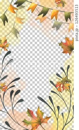 Orange autumn maple leaves, flags garland and twigs. Watercolor illustration, hand drawn. Vertical frame, template for text rectangular isolated from background Thanksgiving, Harvest, Halloween Orange autumn maple leaves, flags garland and twigs. Watercolor illustration, hand drawn. Vertical frame, template for text rectangular isolated from background Thanksgiving, Harvest, Halloween 126493513