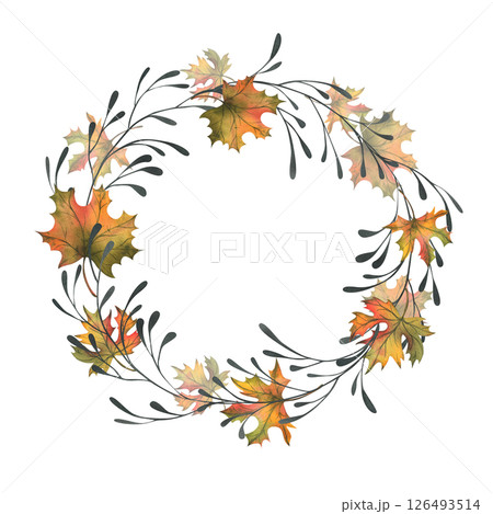 Autumn maple leaves are orange with graceful black branches. Hand drawn watercolor illustration. Round wreath, frame, template for text isolated from background Thanksgiving, Harvest, Halloween Autumn maple leaves are orange with graceful black branches. Hand drawn watercolor illustration. Round wreath, frame, template for text isolated from background Thanksgiving, Harvest, Halloween 126493514
