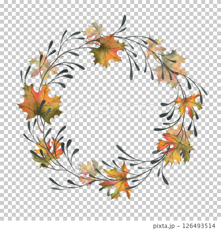 Autumn maple leaves are orange with graceful black branches. Hand drawn watercolor illustration. Round wreath, frame, template for text isolated from background Thanksgiving, Harvest, Halloween Autumn maple leaves are orange with graceful black branches. Hand drawn watercolor illustration. Round wreath, frame, template for text isolated from background Thanksgiving, Harvest, Halloween 126493514