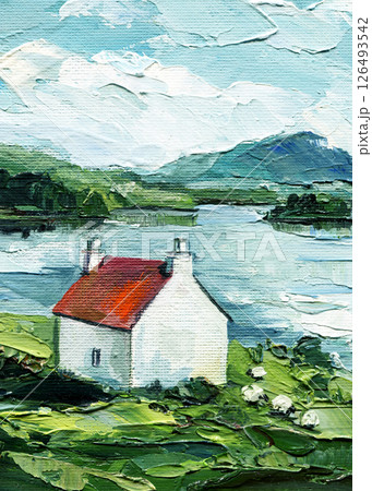white cottage landscape oil painting green hills water lake blue sky textured brush calm peaceful rural nature view white cottage landscape oil painting green hills water lake blue sky textured brush calm peaceful rural nature view 126493542