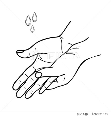Hands demonstrating washing movements without water or soap monochrome vector illustration in linear style. For hygiene guides, medical posters, health campaigns, and step by step sanitation guides. Hands demonstrating washing movements without water or soap monochrome vector illustration in linear style. For hygiene guides, medical posters, health campaigns, and step by step sanitation guides. 126493839