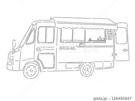 トラックタイプのキッチンカーのシンプルでおしゃれな線画イラスト トラックタイプのキッチンカーのシンプルでおしゃれな線画イラスト 126493847