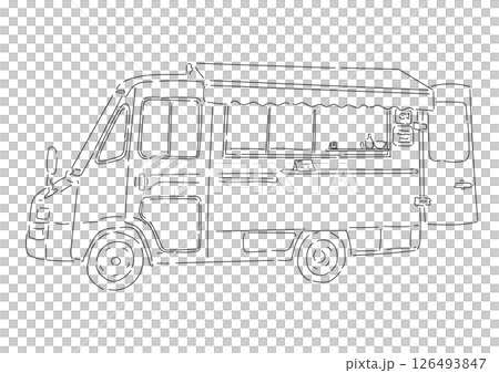 トラックタイプのキッチンカーのシンプルでおしゃれな線画イラスト トラックタイプのキッチンカーのシンプルでおしゃれな線画イラスト 126493847