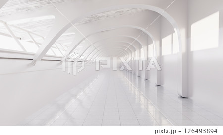 Curved white corridor with modern support arches. 3d render 126493894
