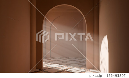 Sunlight shining through arched hallway interior. 3d render 126493895