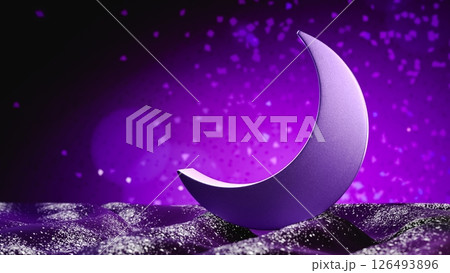 Crescent moon glowing over sparkling purple surface. 3d render 126493896